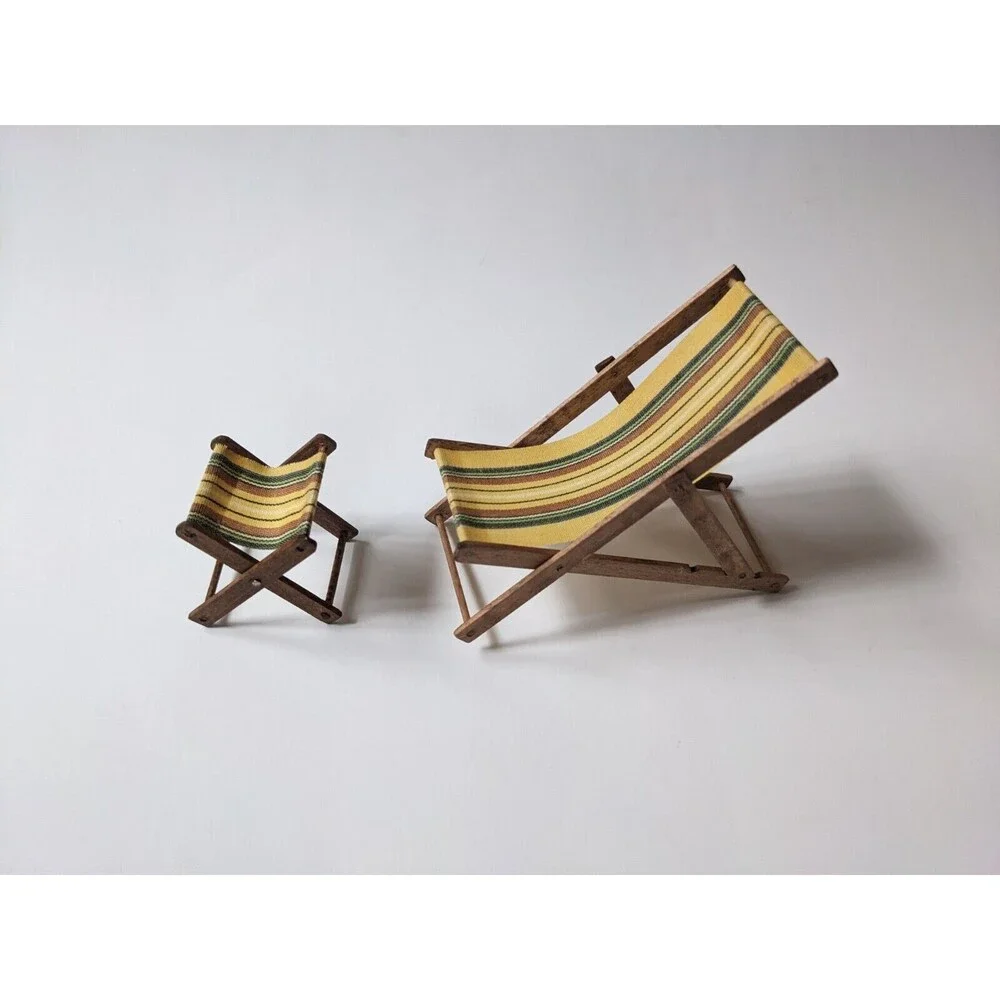 Vintage‎ Dollhouse Miniature Folding Beach Patio Outdoor Chaise Lounge Furniture